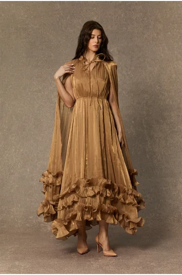 فستان سانفير شيفون ذهبي ماكسي