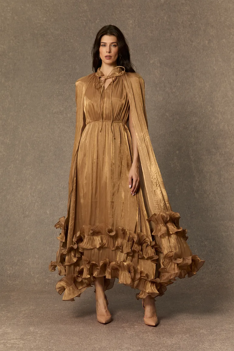 Shirley Cape-effect Ruffled Midi Dress Sunfere Gold : Evening Dresses :  VogaCloset Oman