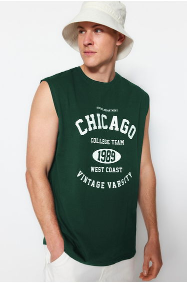 Emerald Green Oversize/Wide Cut City Printed 100% Cotton Sleeveless T-Shirt/Undershirt