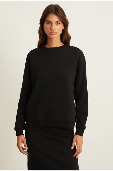 VILI Women's Polar Fleece Oversize Fit Basic Crew Neck Long Sleeve Black Sweatshirt