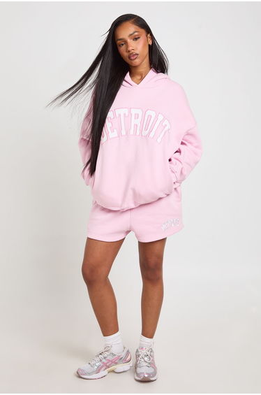 Detroit Applique Hooded Short Tracksuit - light pink