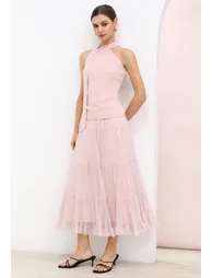 Reversible Gathered Pleats Tiered Tulle Maxi Skirt in Blush Pink for Outdoor Brunches & Beach Vacation - 1