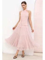 Reversible Gathered Pleats Tiered Tulle Maxi Skirt in Blush Pink for Outdoor Brunches & Beach Vacation