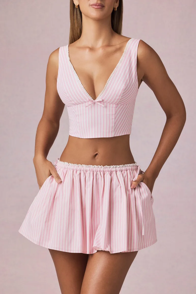 Bow-Detail Crop Top in Soft Mauve Stripe - 1