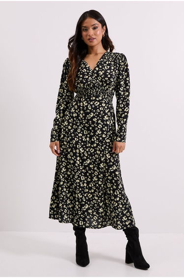 Petite Yellow Animal Shirred Waist Button Detail Midi Dress