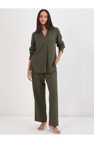 Women Olive Collared Top with Trousers Co-Ords