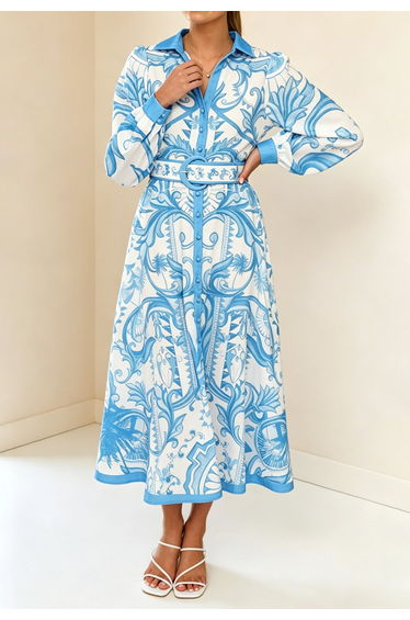 Tile Print Puff Sleeve Belted Shirt Dress in Blue for Resort Brunches & Coastal Getaways