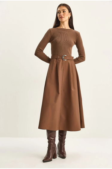 LUCCI Crew Neck Long Dress with Belt Detail