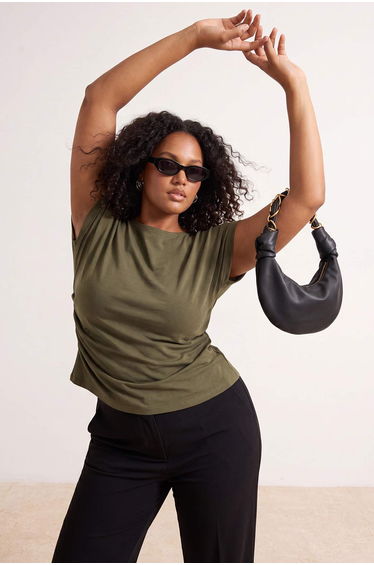 Oil Green Fitted/Bodycon Boat Neck Low Sleeve Scuba Crepe Knitted Plus Size Blouse