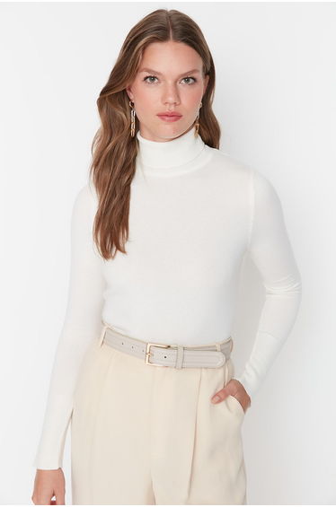 Ecru Crop Premium Yarn / Special Yarn Basic Knitwear Sweater
