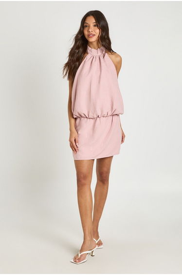 Textured Halterneck Blouson Mini Dress - dusty pink