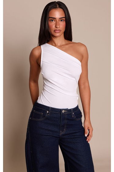 Petite White Soft Cotton Asymmetric Bodysuit