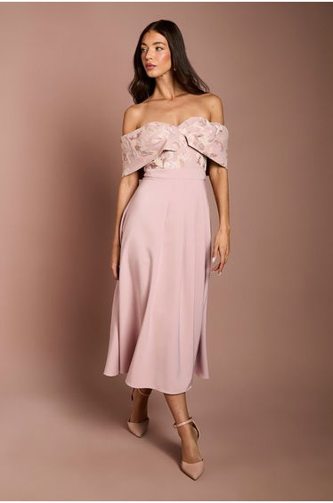 Pleated V Neck Jacquard Bodice Crepe Skirt Midi Dress
