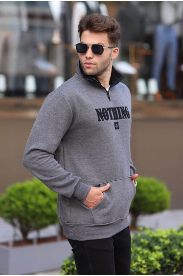 Anthracite Printed, Zipper Detailed Sweatshirt