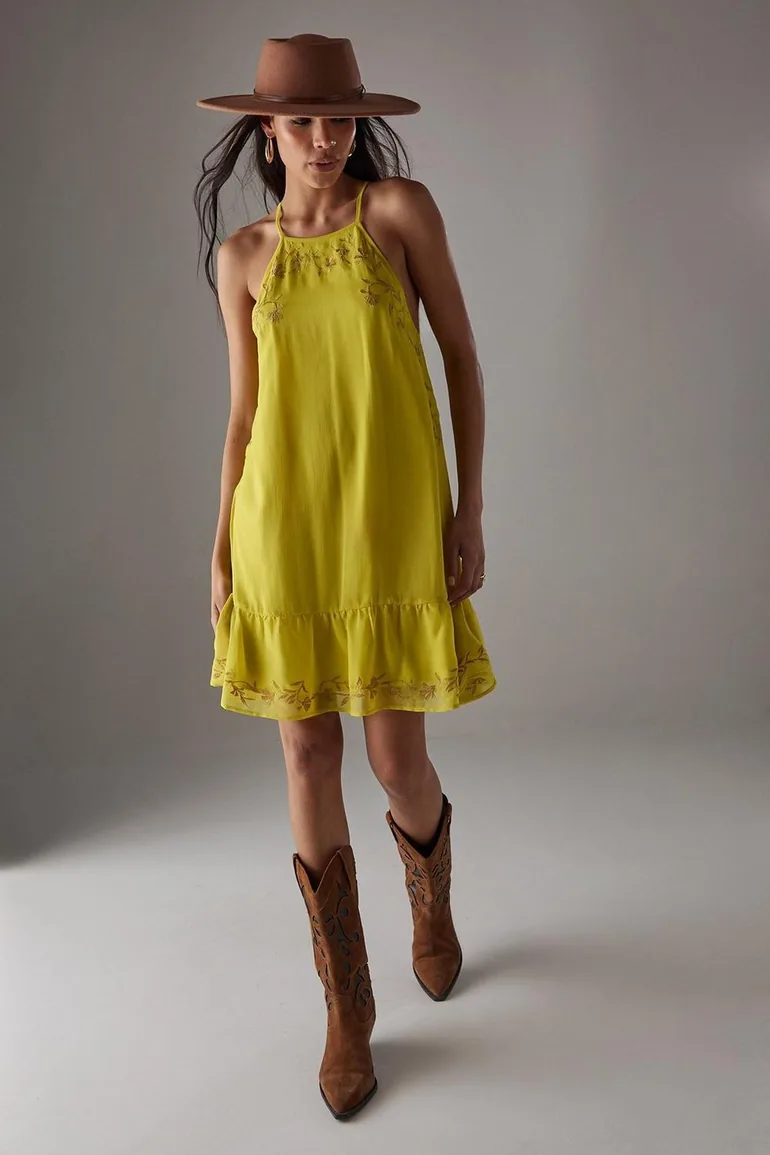 sachin and babi light blue dress Halter Neck Mini Dress | Pleated Chiffon | Ruffle Hem