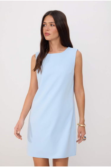 Light Blue Plain Straight Cut Short / Mini Woven Dress