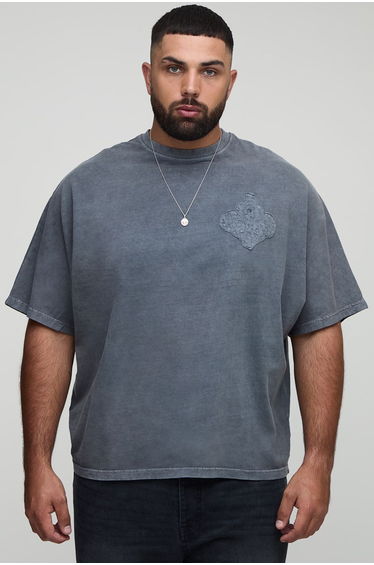 Plus Oversized Worldwide Washed Applique T-Shirt - charcoal