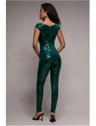 Goddiva Sequin Velvet Bardot Jumpsuit - Emerald Green - 3