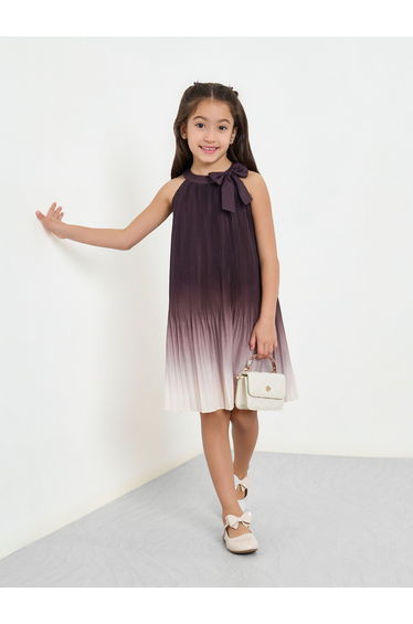 Girls Burgundy Pleated Dress with Bow Detail