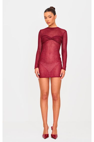 Cherry Red Metallic Ribbed Twist Bust Long Sleeve Mini Dress