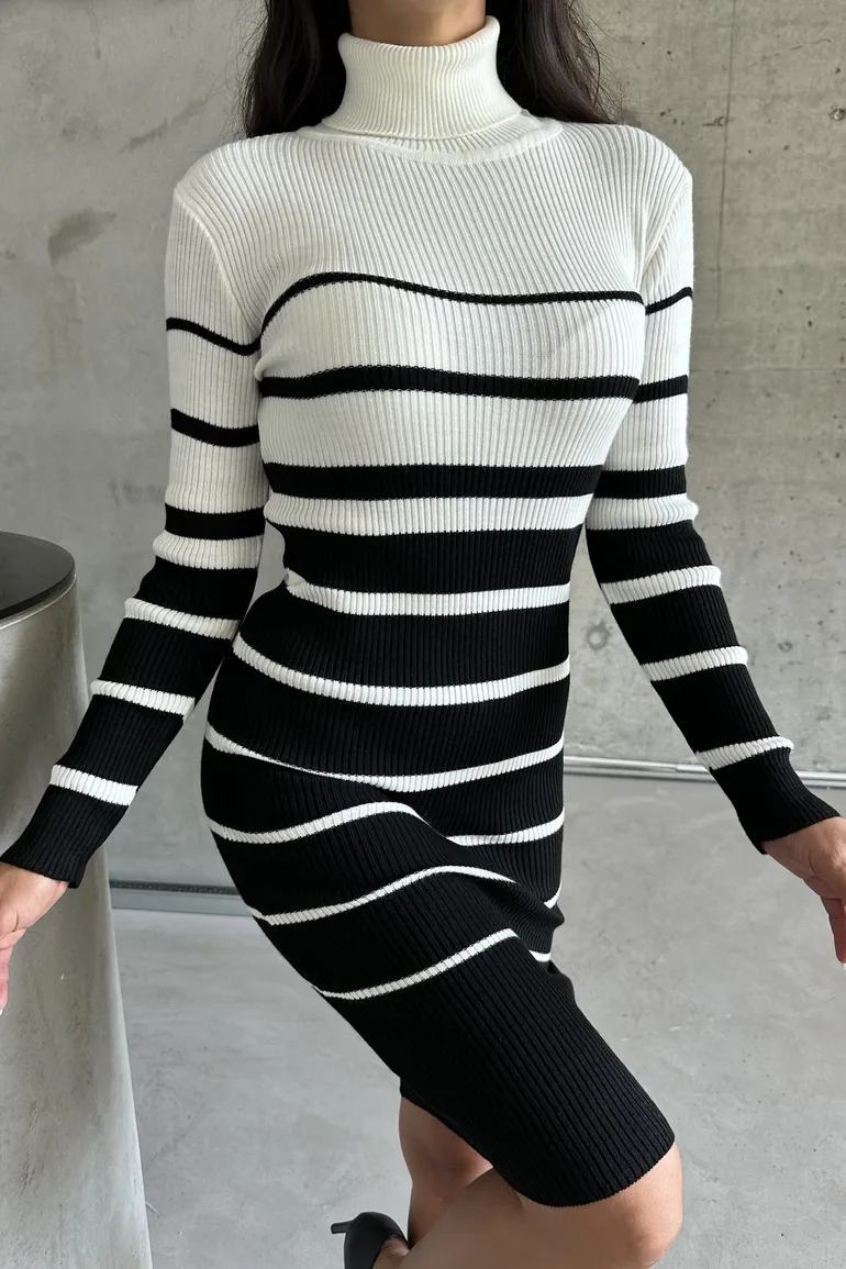 Women's Black and White Striped Long Tirko Dress - 4