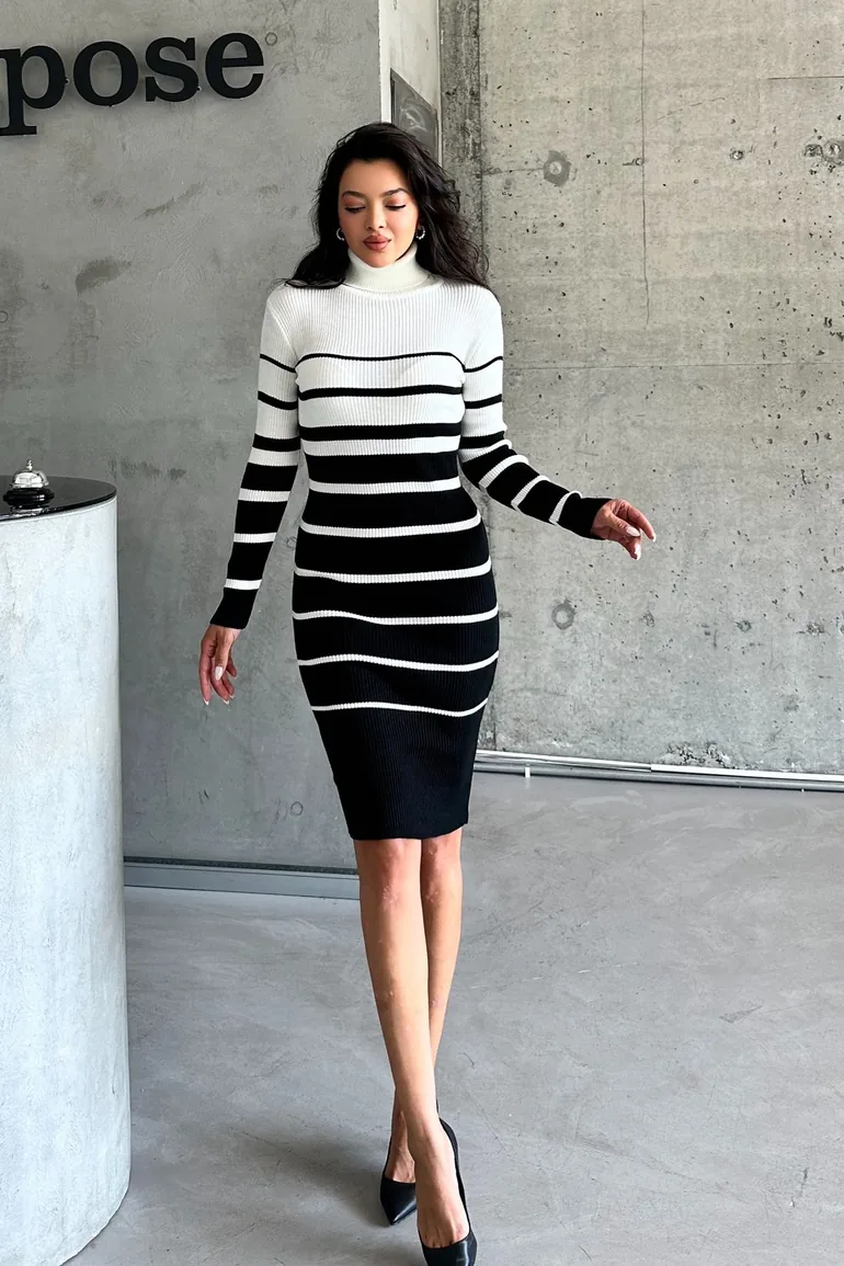Women's Black and White Striped Long Tirko Dress
