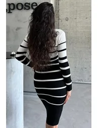 Women's Black and White Striped Long Tirko Dress - 2