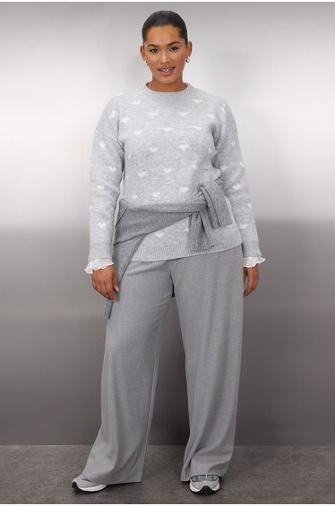 Gray Heart Patterned Knitwear Sweater