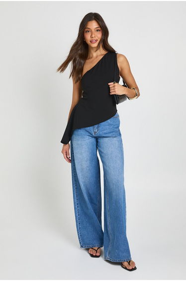 Scuba Crepe One Shoulder Asym Hem Top - black