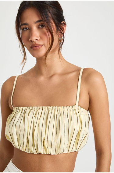 Cotton Striped Puff Ball Crop Top - lemon