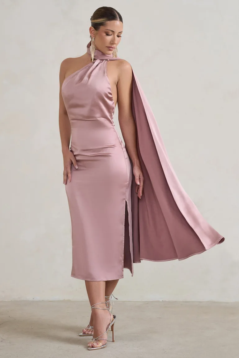 Madame | Blush Pink Satin Asymmetric Scarf Neck Backless Midi Dress - 3