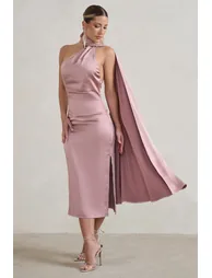 Madame | Blush Pink Satin Asymmetric Scarf Neck Backless Midi Dress - 3