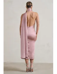 Madame | Blush Pink Satin Asymmetric Scarf Neck Backless Midi Dress - 2