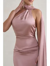 Madame | Blush Pink Satin Asymmetric Scarf Neck Backless Midi Dress - 1