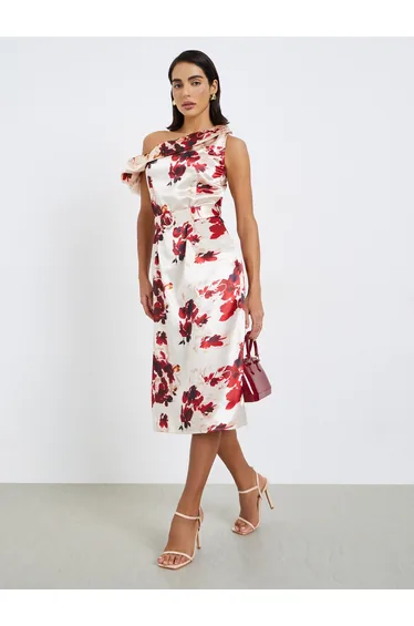 فستان ميدي بكتف واحد بطبعة أزهار