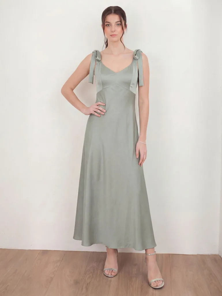 Maya Sage Green Tie-Shoulder Satin Maxi Dress