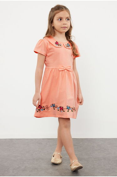Pink Girl's Baby Collar Floral Patterned Short Sleeve Knitted Dress