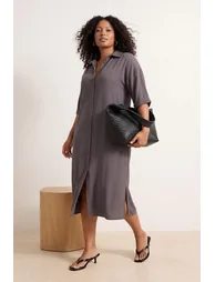 Brown Modal Wide Cut Midi Woven Shirt Dress - 3