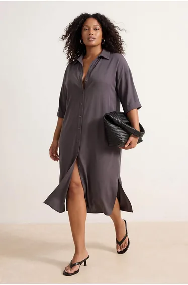 Brown Modal Wide Cut Midi Woven Shirt Dress