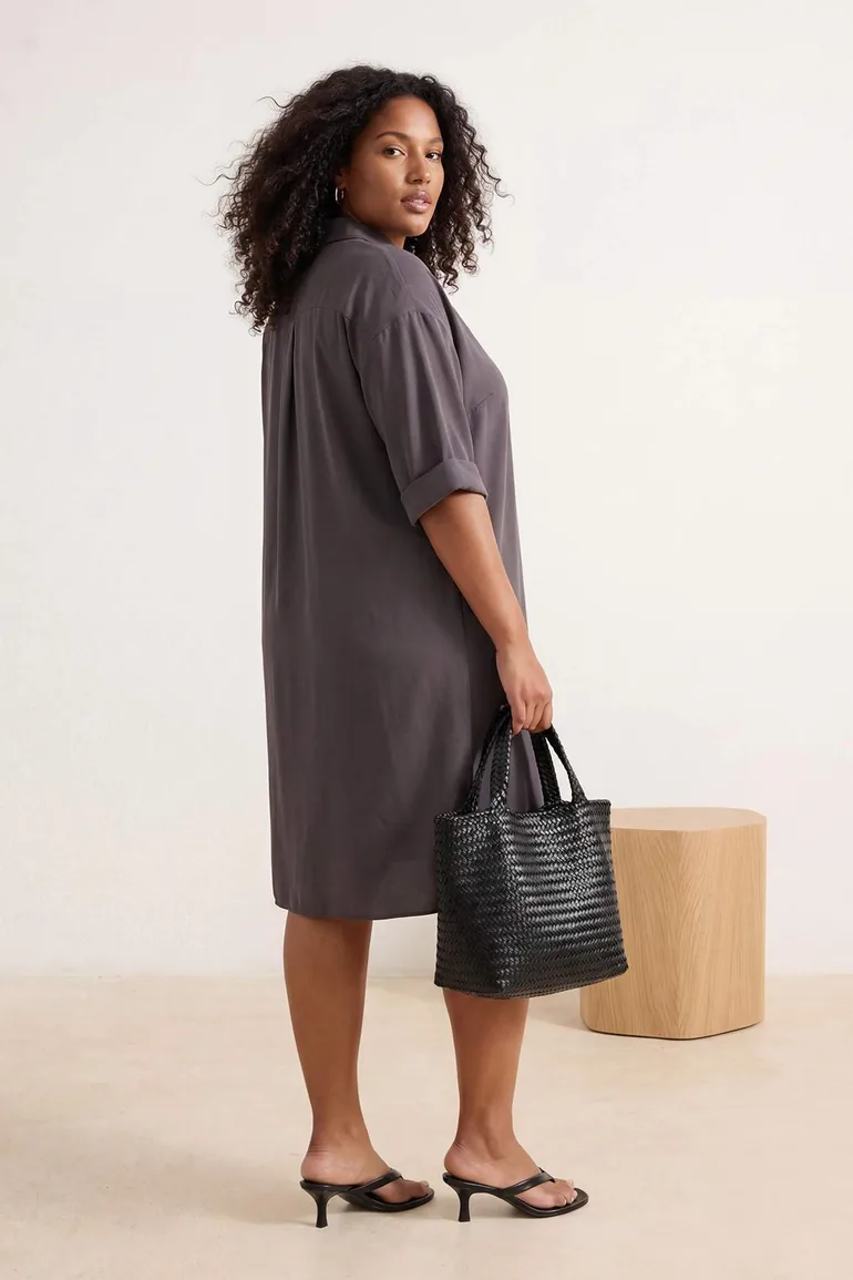Brown Modal Wide Cut Midi Woven Shirt Dress - 2