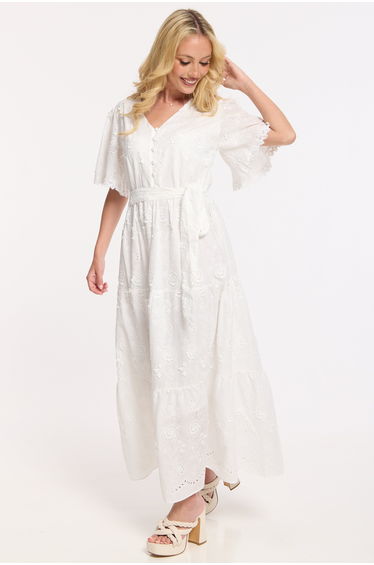 White Broderie Cotton Tie Waist Dress