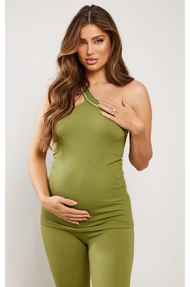 Maternity Sage Contour Rib Halterneck Diamante Top