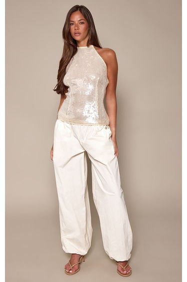 Lemon Sequin Halterneck Woven Top