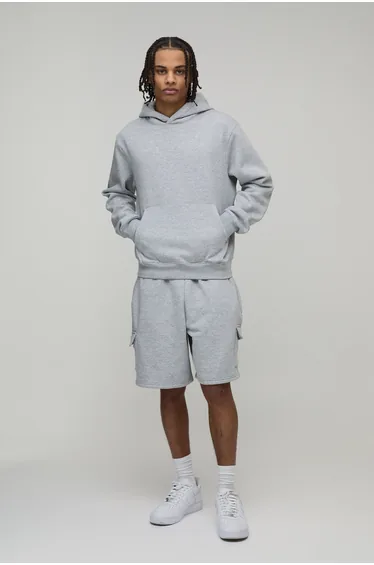 Boxy Hooded Cargo Short Tracksuit - grey marl
