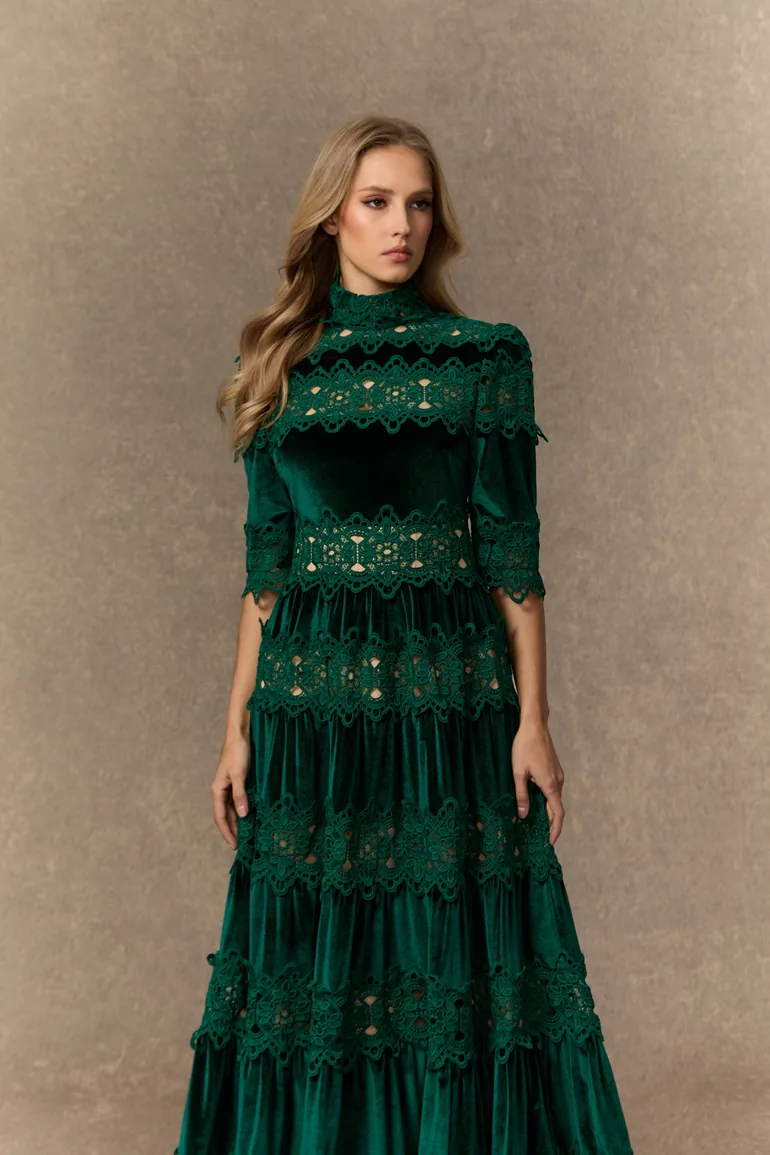 Romance That Wows Green Velvet Lace Tiered Maxi Dress - 9