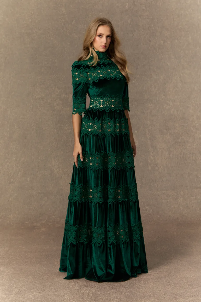 Romance That Wows Green Velvet Lace Tiered Maxi Dress - 6
