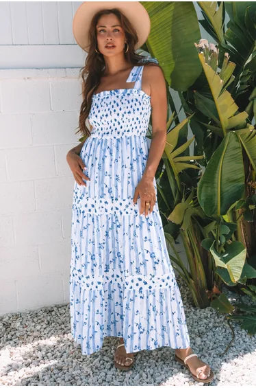 Lvness Sky Blue Floral Smocked Tied Straps A-Lined Tiered Maxi Dress