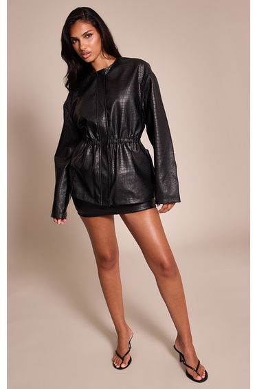 Black Croc Faux Leather Cinched Waist Jacket