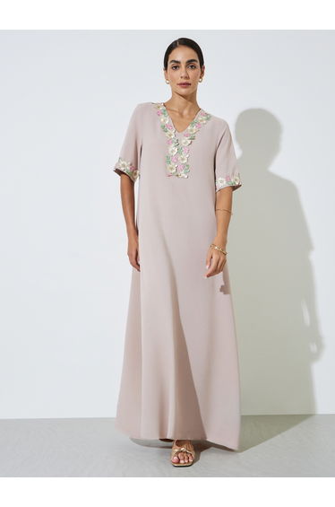 Beige Floral Lace Trim V Neck Jalabiya