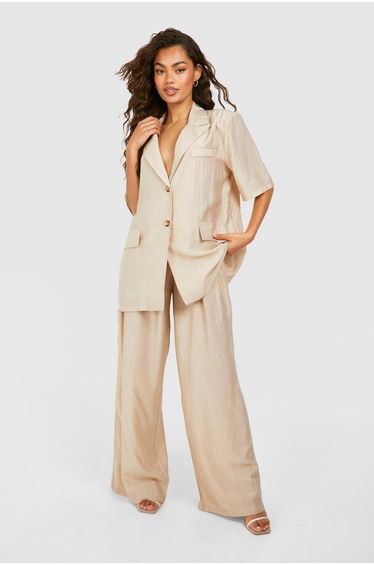 Textured Crinkle Relaxed Fit Wide Leg Trousers - taupe